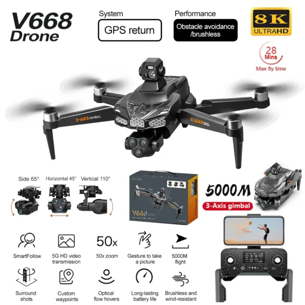 V668 GPS Drone 8K Professional 3-Axis PTZ HD Three Camera 5G WIFI FPV Dron Obstacle Avoidance Brushless Motor RC Quadcopter Toys - Image 2